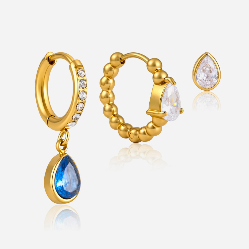 Minimalist Style Stainless Steel Blue Water Drop CZ Hoops Stud Earrings Set