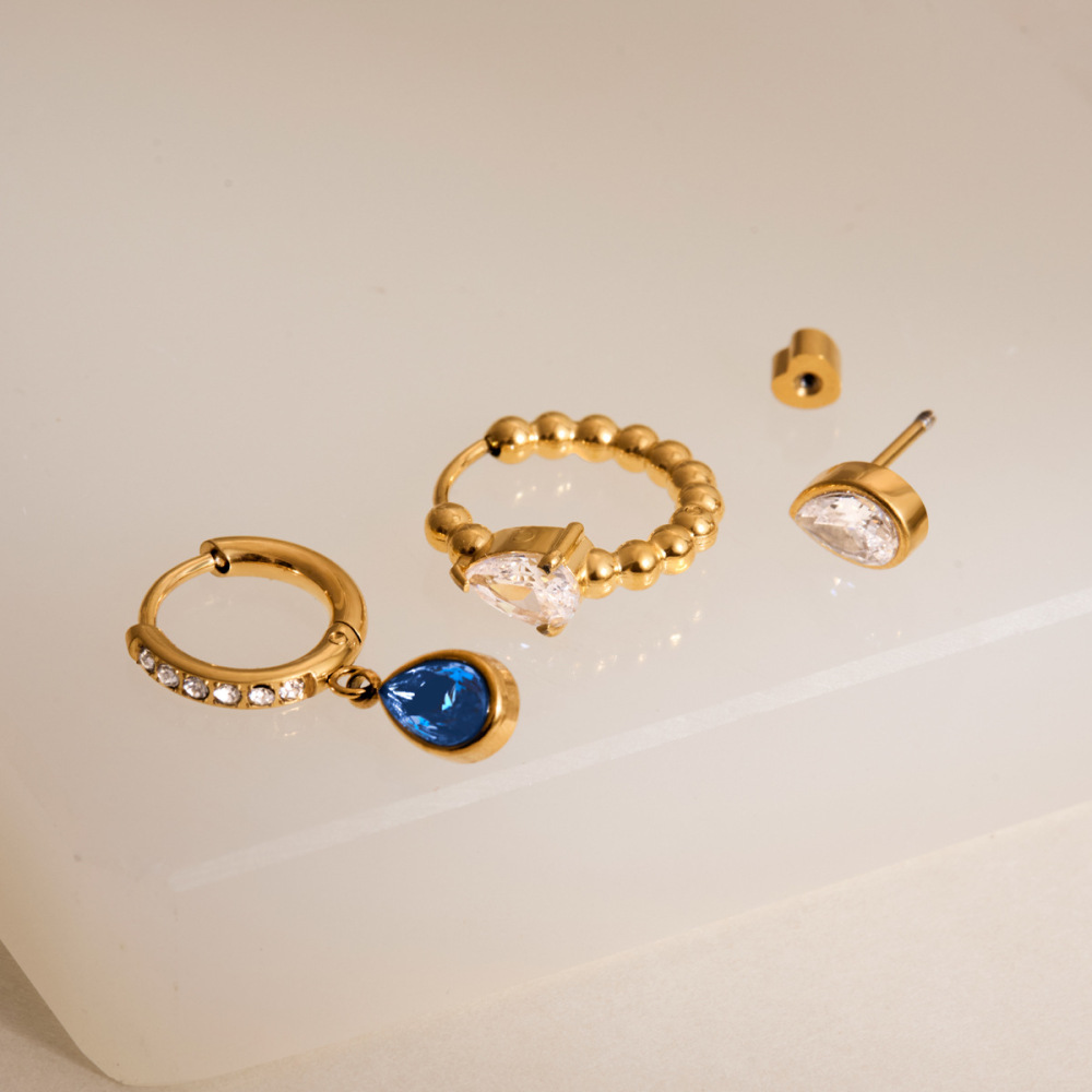 Minimalist Style Stainless Steel Blue Water Drop CZ Hoops Stud Earrings Set