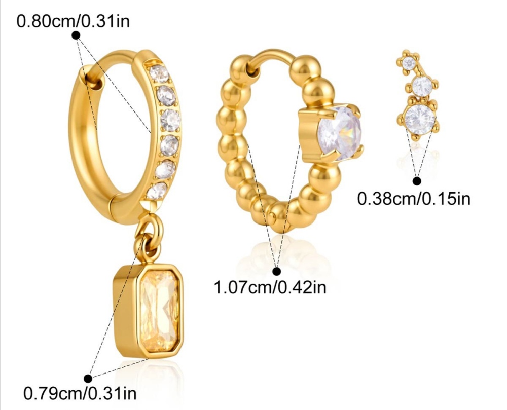 Minimalist Style Stainless Steel Rectangle CZ Hoops Stud Earrings Set