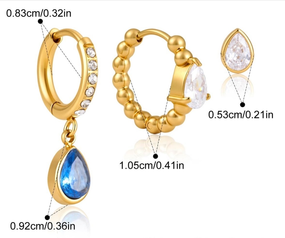 Minimalist Style Stainless Steel Blue Water Drop CZ Hoops Stud Earrings Set