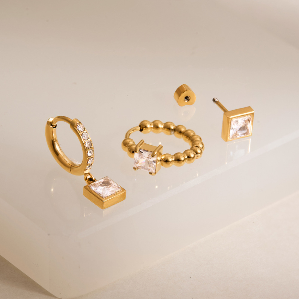 Minimalist Style Stainless Steel Square CZ Hoops Stud Earrings Set