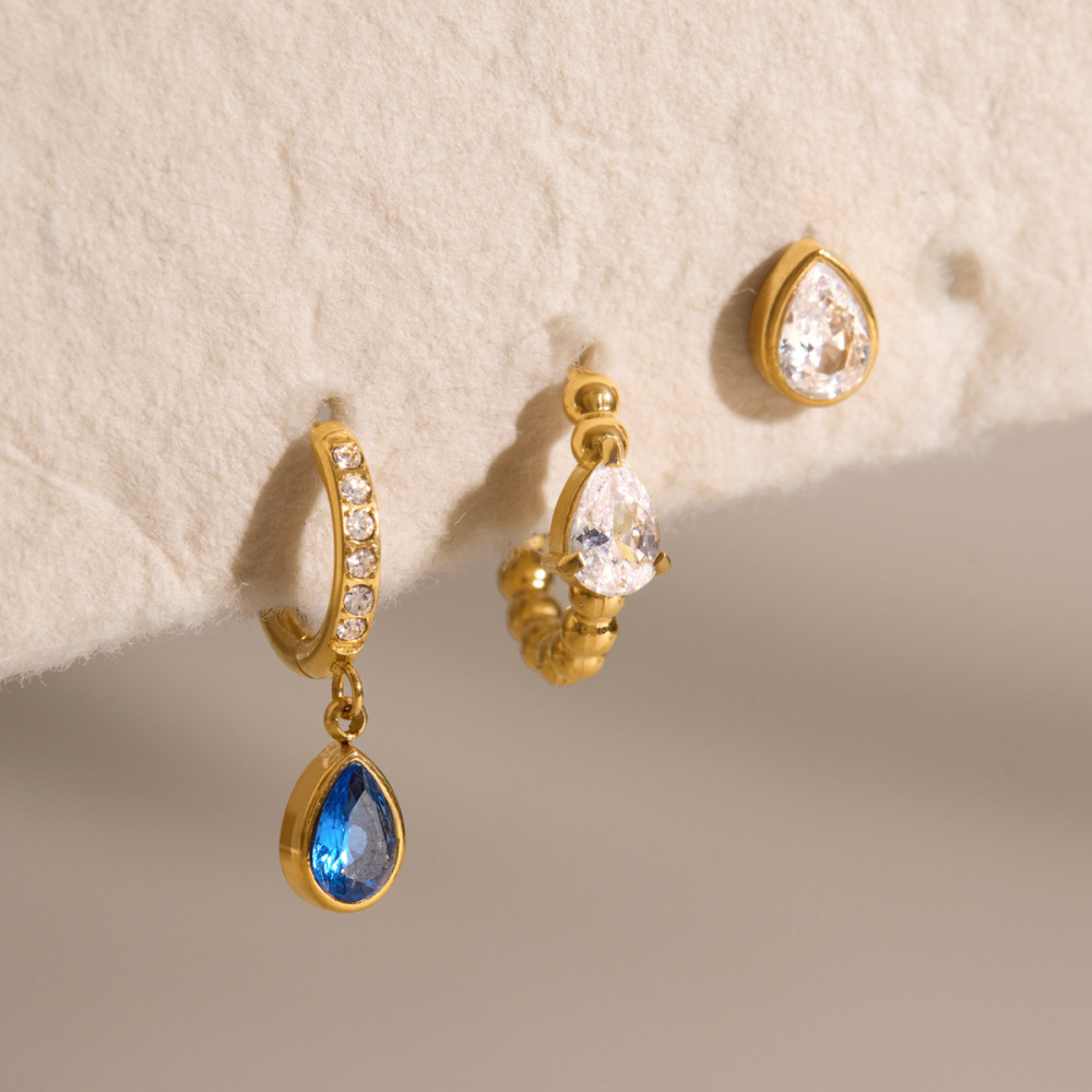 Minimalist Style Stainless Steel Blue Water Drop CZ Hoops Stud Earrings Set