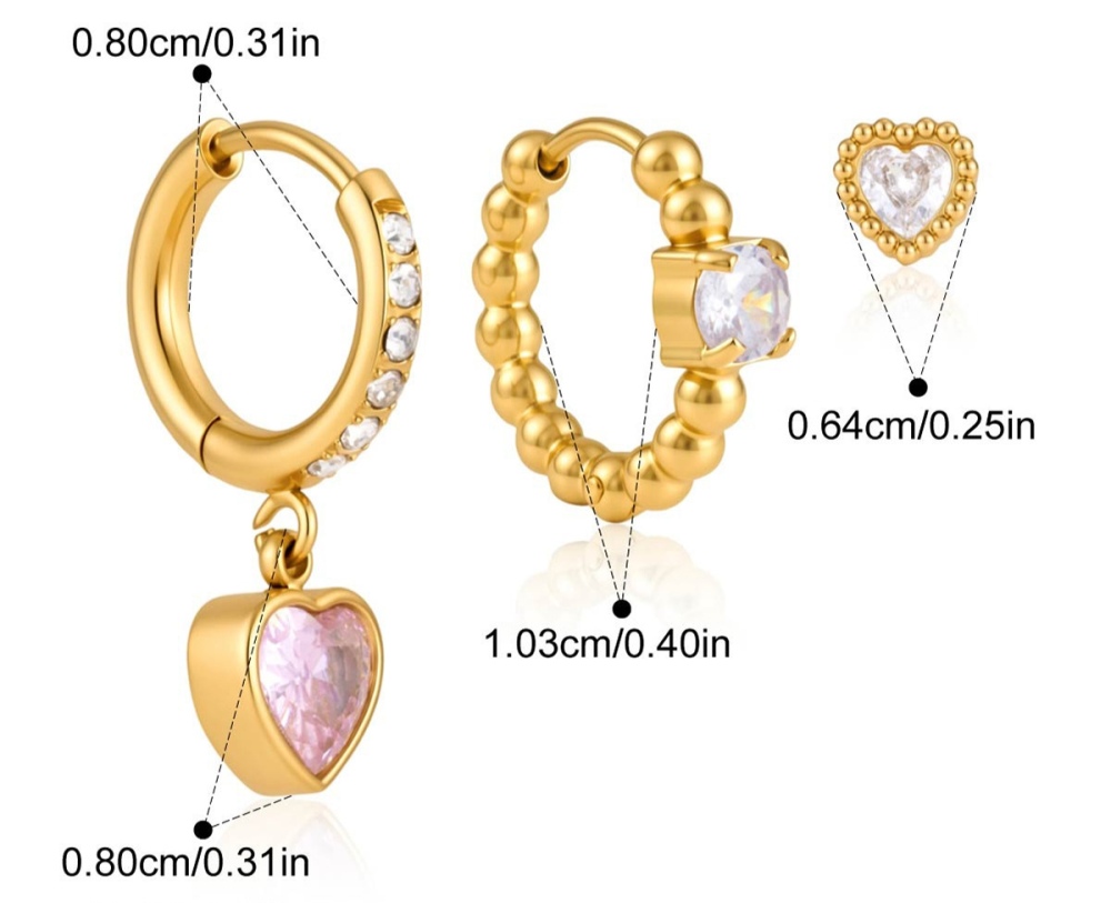 Minimalist Style Stainless Steel Pink Heart CZ Hoops Stud Earrings Set