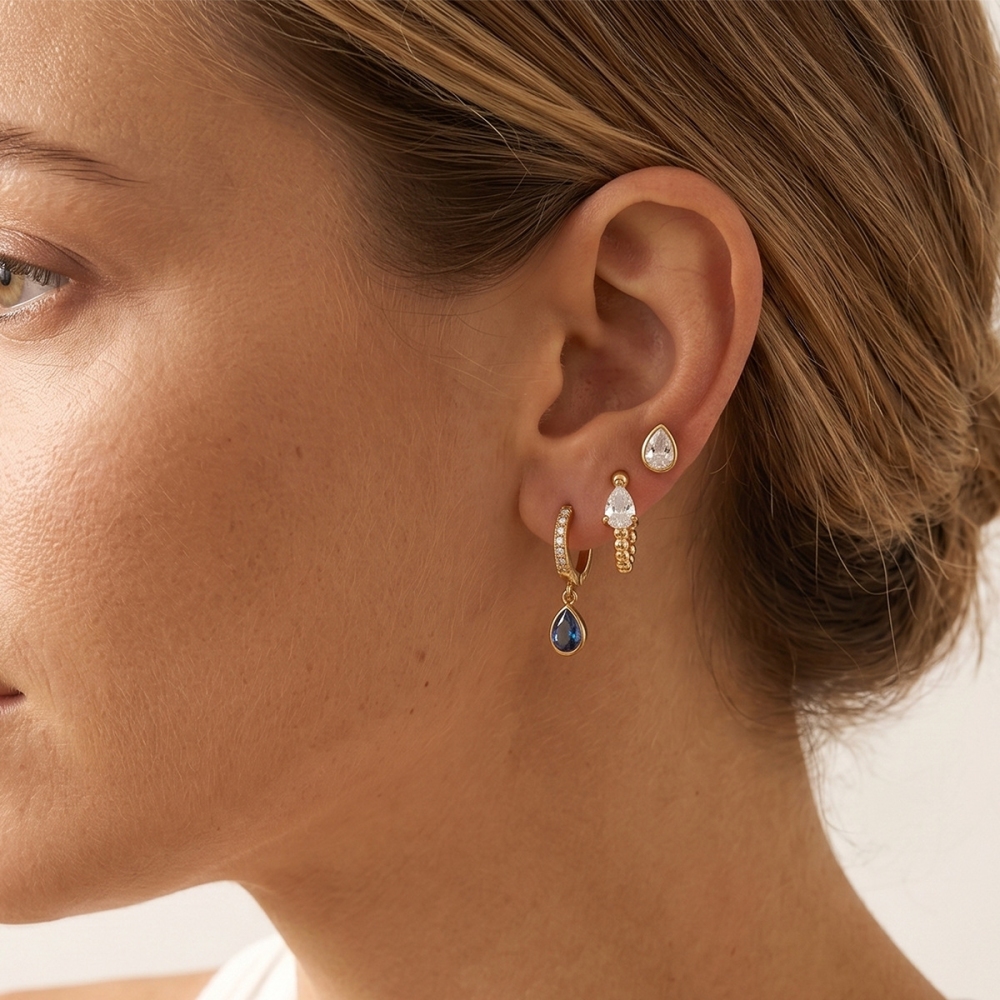 Minimalist Style Stainless Steel Blue Water Drop CZ Hoops Stud Earrings Set