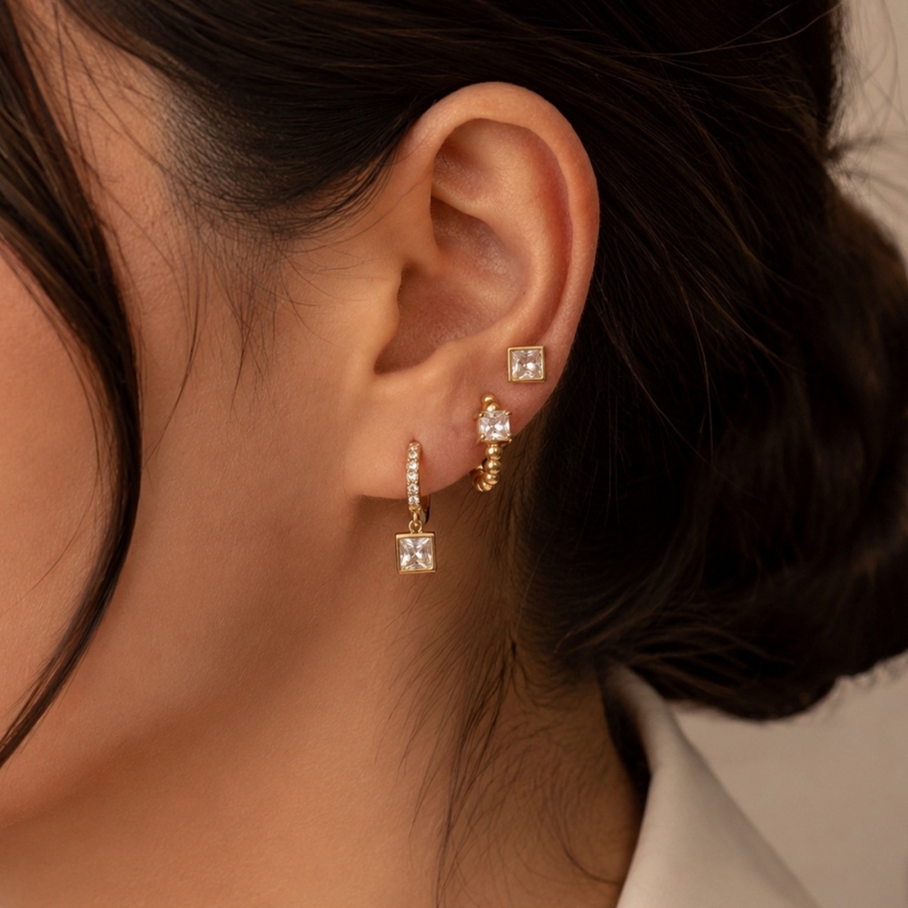 Minimalist Style Stainless Steel Square CZ Hoops Stud Earrings Set