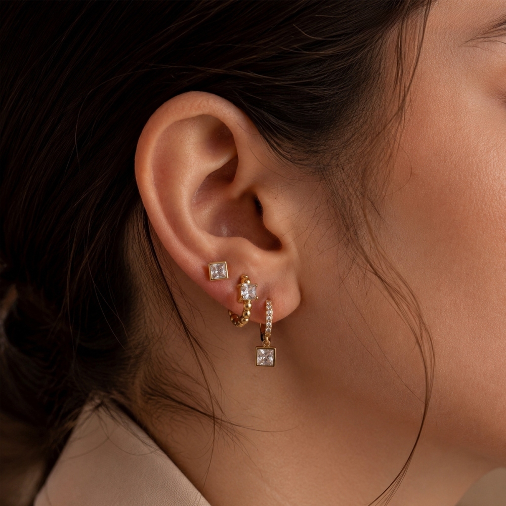 Minimalist Style Stainless Steel Square CZ Hoops Stud Earrings Set