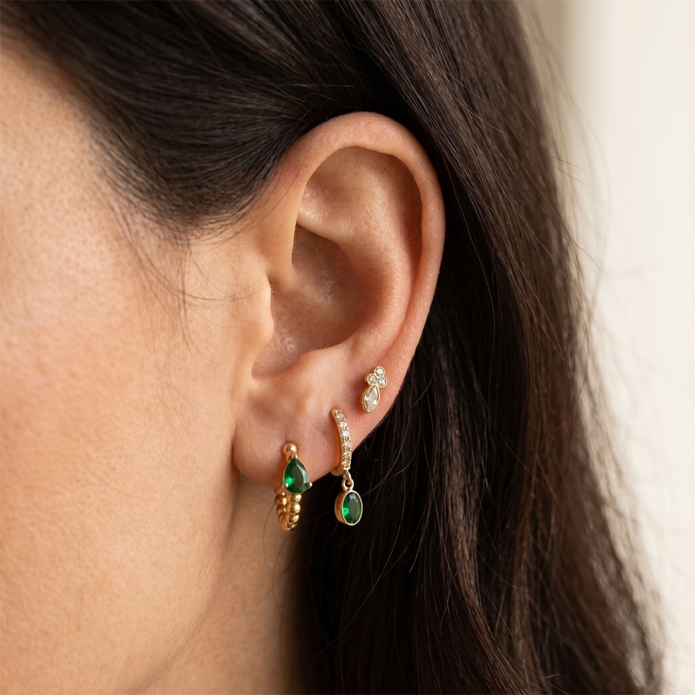 Minimalist Style Stainless Steel Emerald CZ Hoops Stud Earrings Set