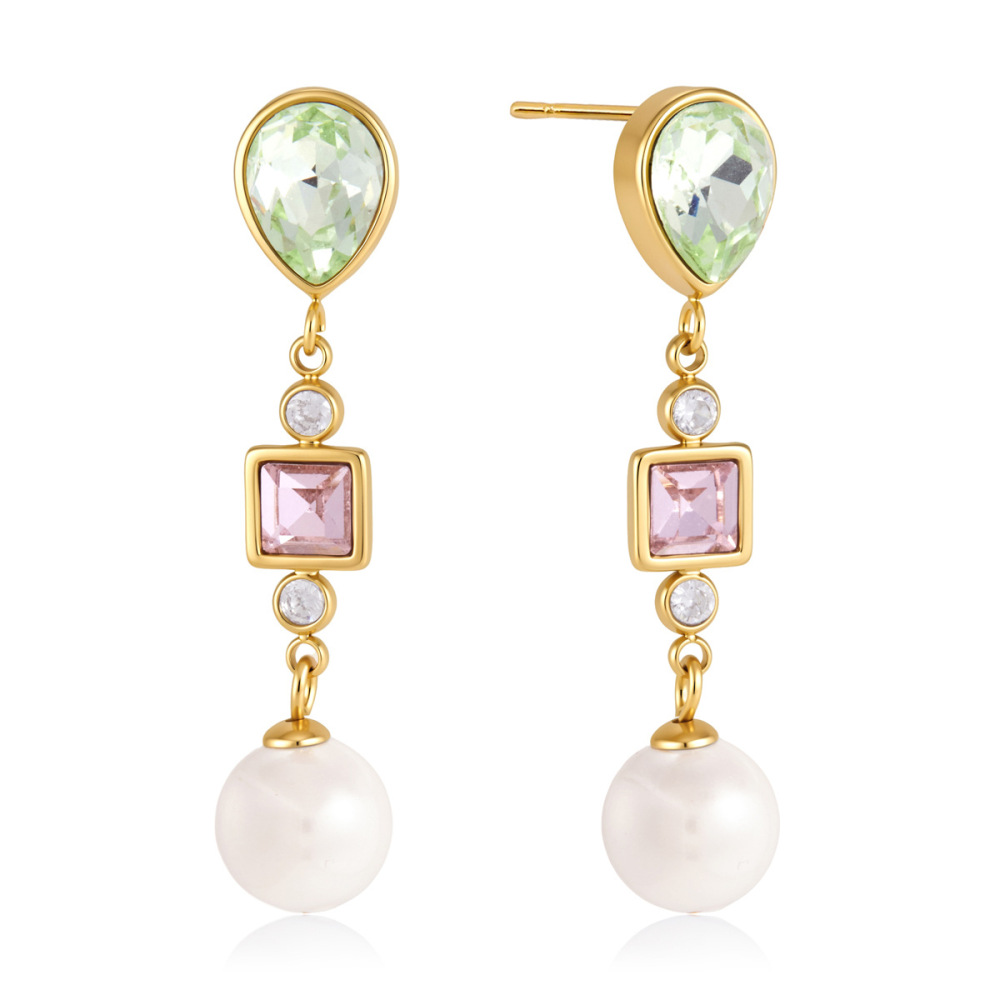 Stainless Steel Zircon Pearl Dangle Earrings