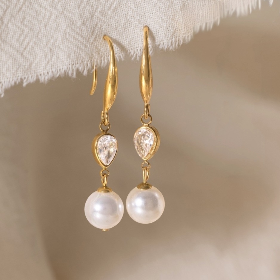 Stainless Steel Zircon Pearl Drop Earrings