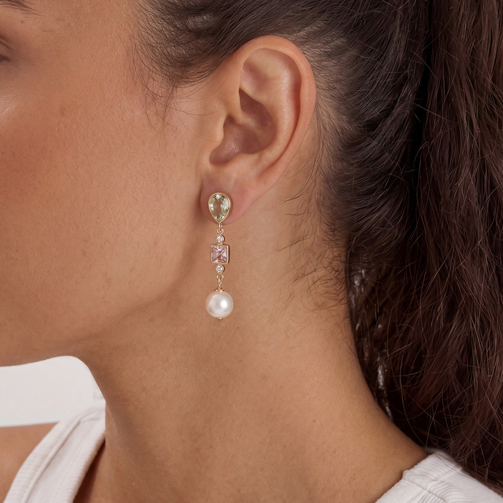 Stainless Steel Zircon Pearl Dangle Earrings