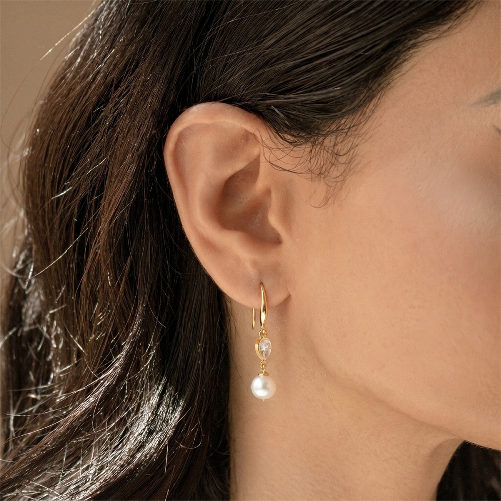 Stainless Steel Zircon Pearl Drop Earrings