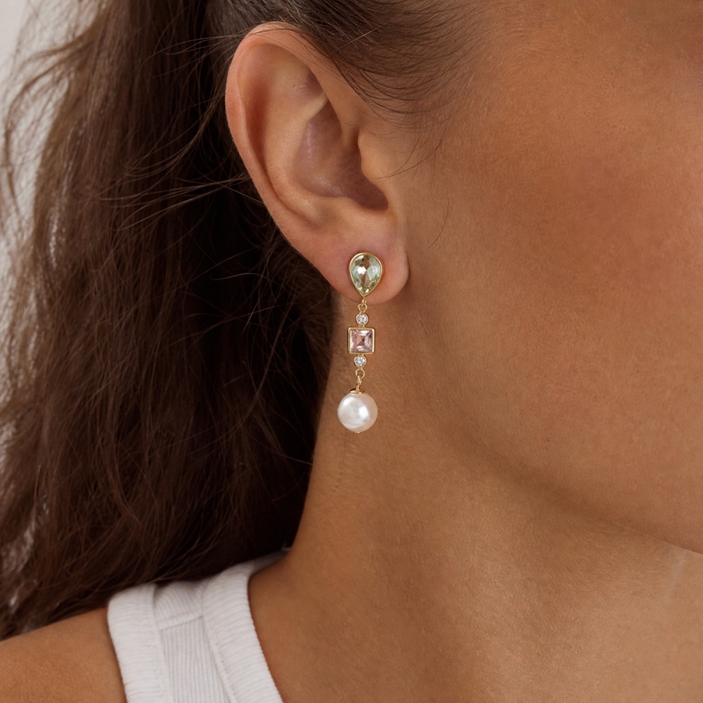 Stainless Steel Zircon Pearl Dangle Earrings