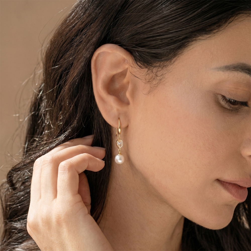 Stainless Steel Zircon Pearl Drop Earrings