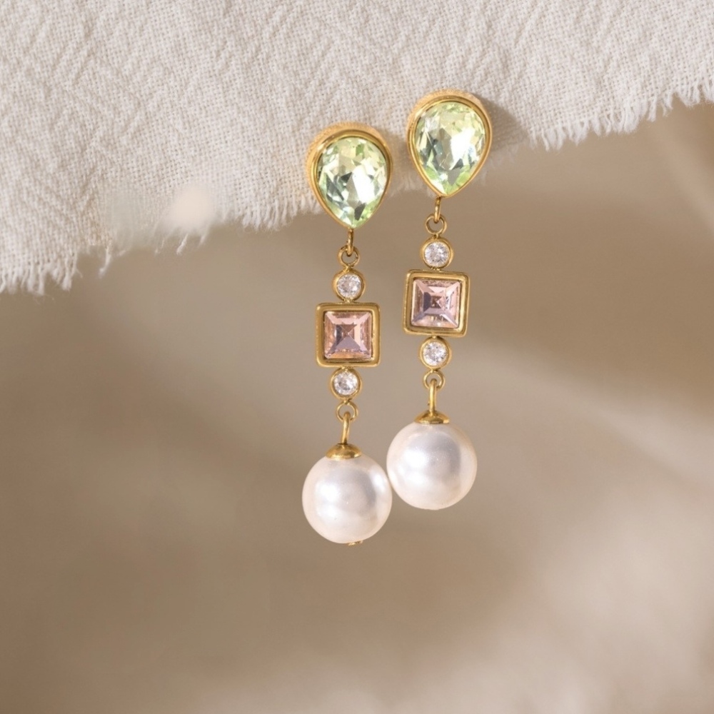 Stainless Steel Zircon Pearl Dangle Earrings