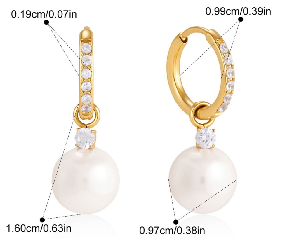 New Elegant  Waterproof Stainless Steel Zircon Pearl Hoop Earrings