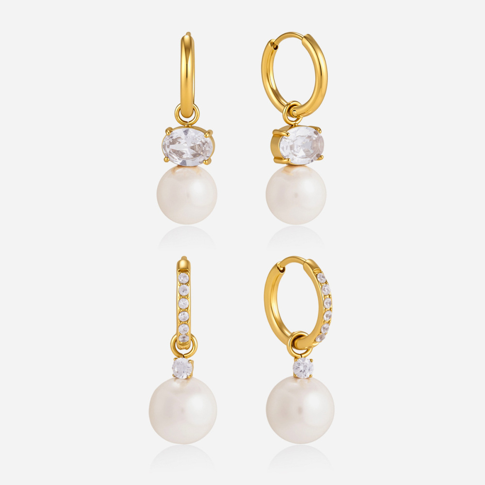 New Elegant Vintage Style Stainless Steel Zircon Pearl Hoop Earrings