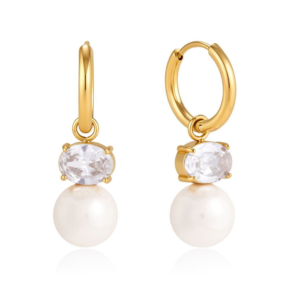 New Elegant Vintage Style Stainless Steel Zircon Pearl Hoop Earrings