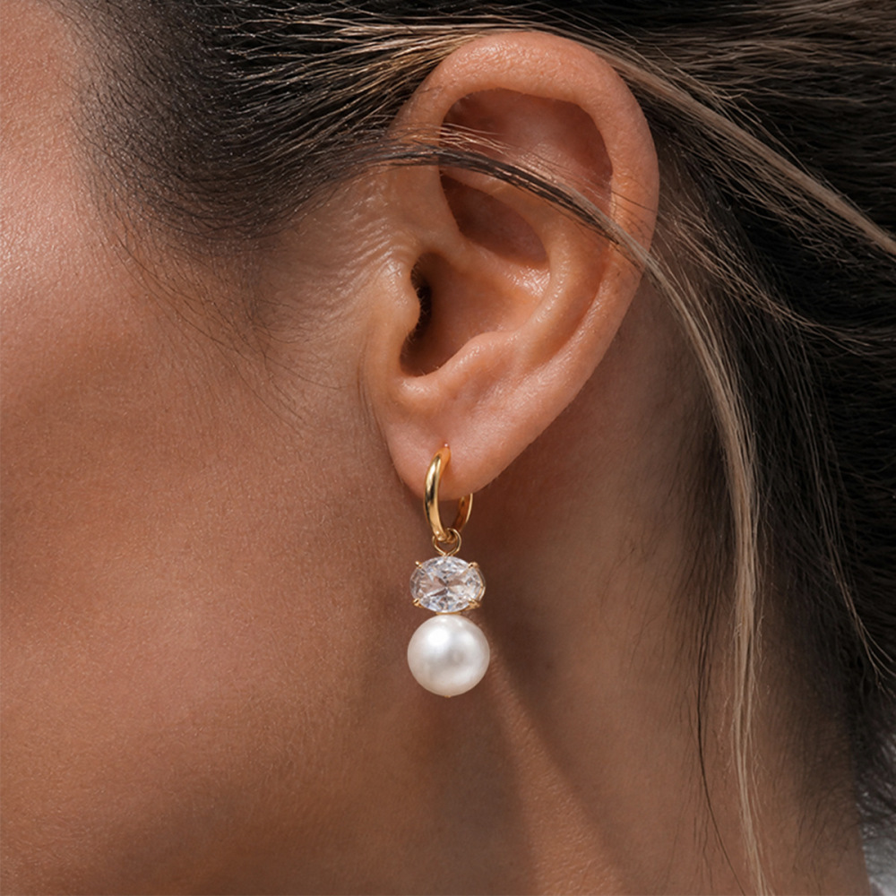New Elegant Vintage Style Stainless Steel Zircon Pearl Hoop Earrings