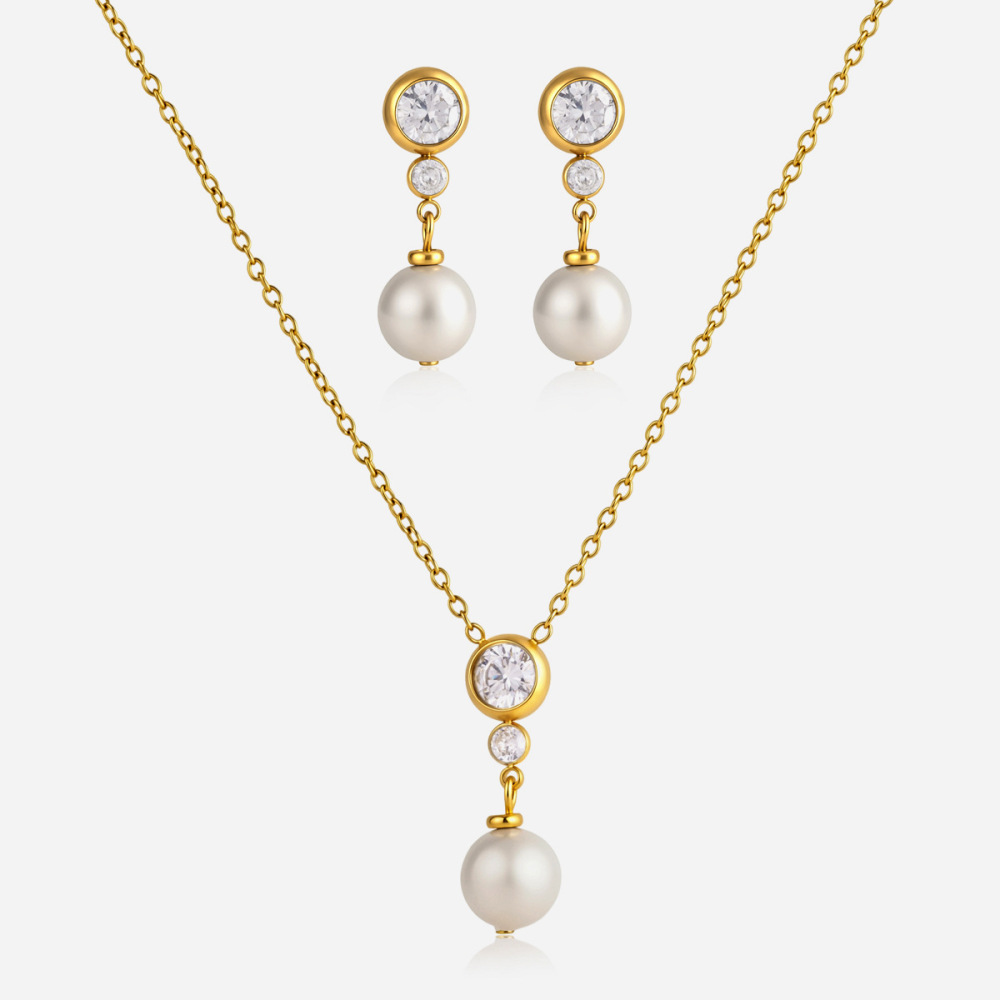 New Waterproof Stainless Steel Zircon Pearl Jewelry Set Drop Earrings & Necklace