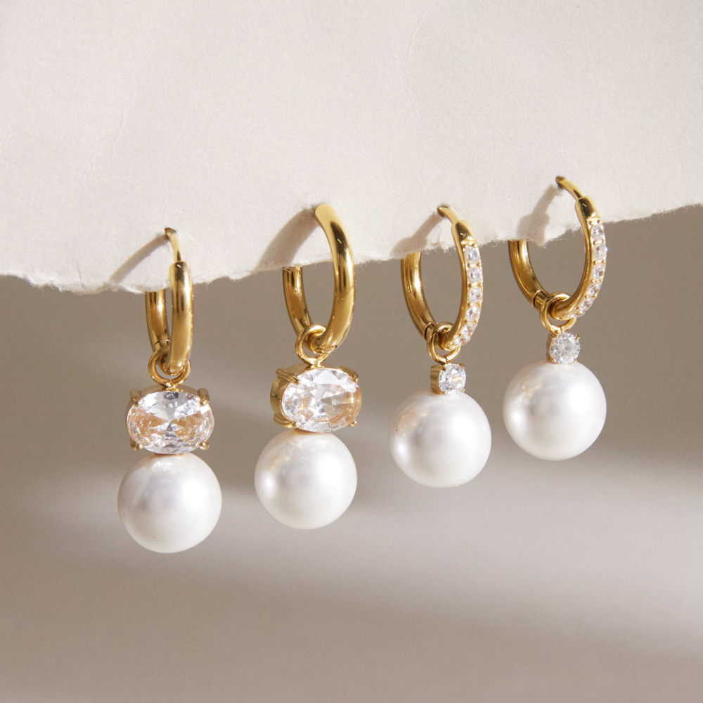 New Elegant Vintage Style Stainless Steel Zircon Pearl Hoop Earrings
