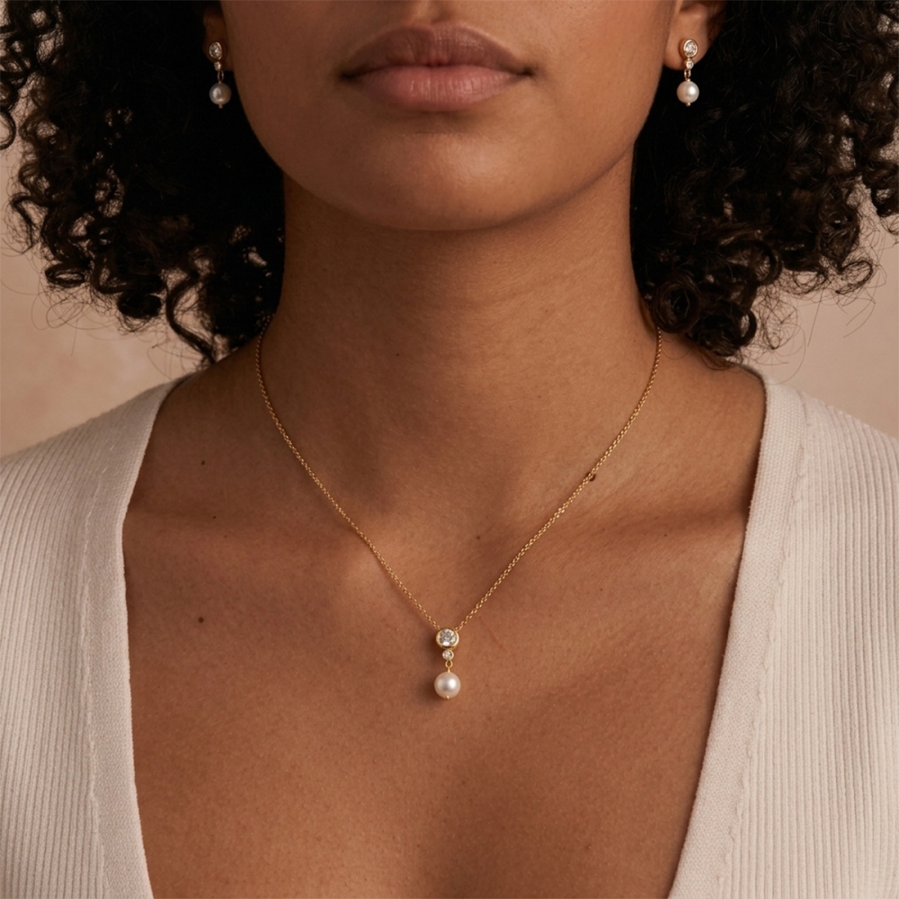 New Waterproof Stainless Steel Zircon Pearl Jewelry Set Drop Earrings & Necklace