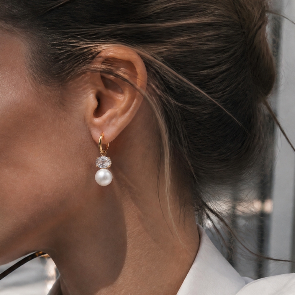 New Elegant Vintage Style Stainless Steel Zircon Pearl Hoop Earrings