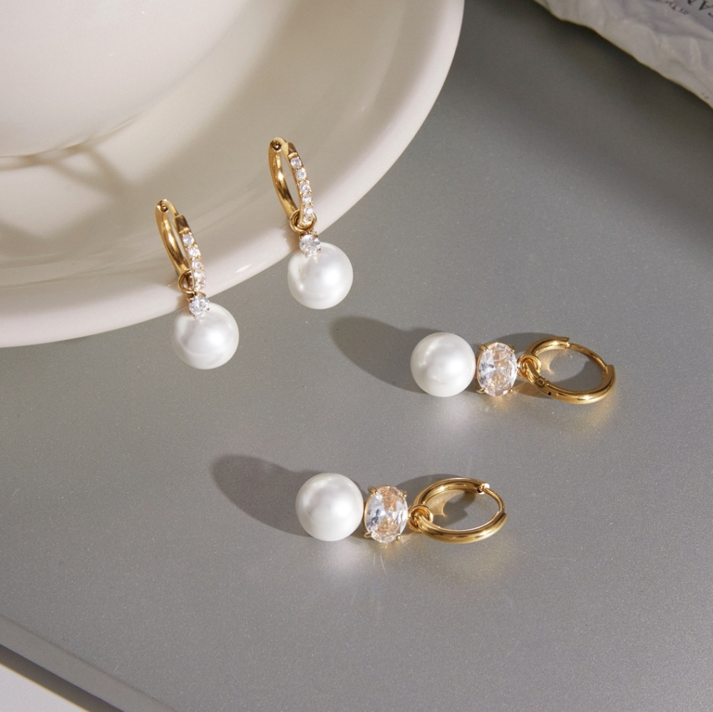 New Elegant Vintage Style Stainless Steel Zircon Pearl Hoop Earrings