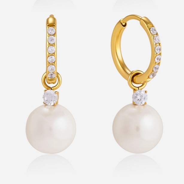 New Elegant  Waterproof Stainless Steel Zircon Pearl Hoop Earrings