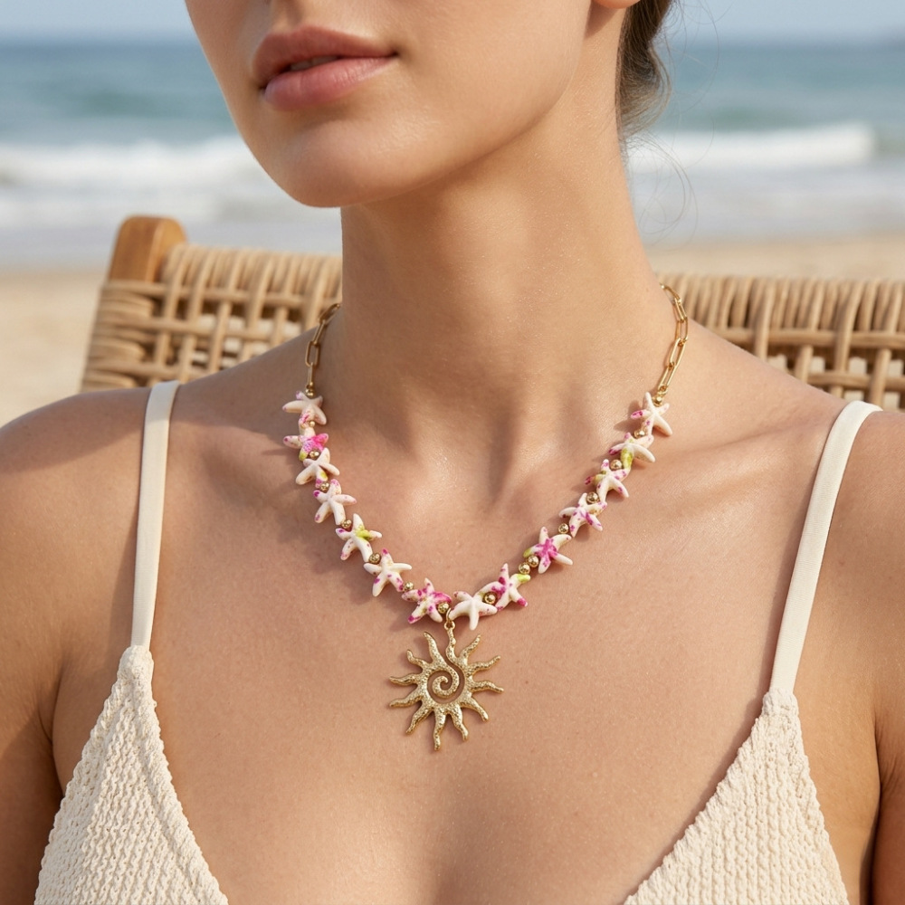 Hot Ocean Beach Vacation Series Colorful Starfish Beads Conch Turtle Sun Pendant Necklace