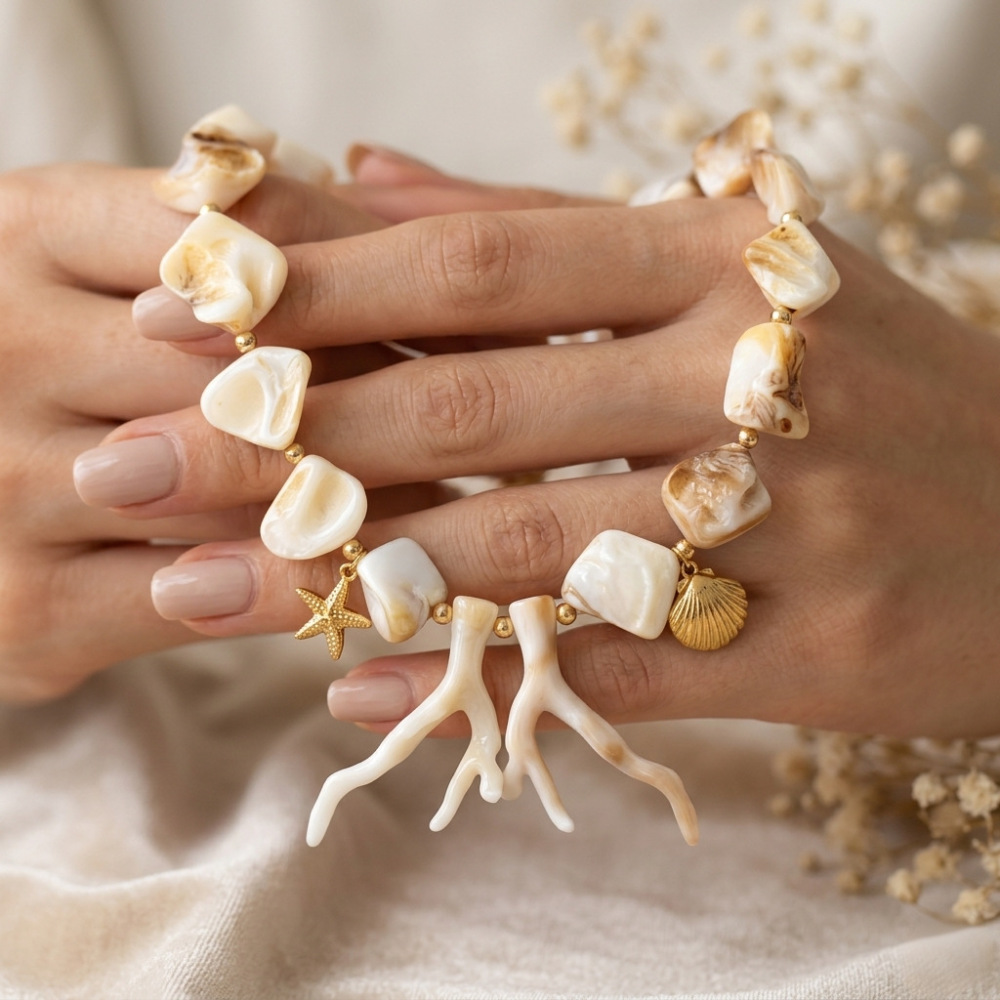 Hot Ocean Beach Vacation Series Natural Shell Beads Starfish Shell Charms Necklace