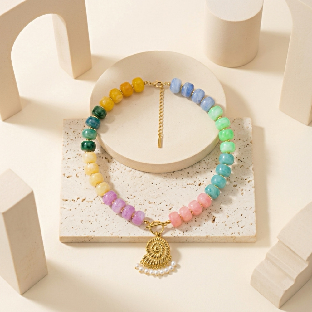 Hot Ocean Beach Vacation Series Colorful Resin Beads Big Conch Pendant Necklace