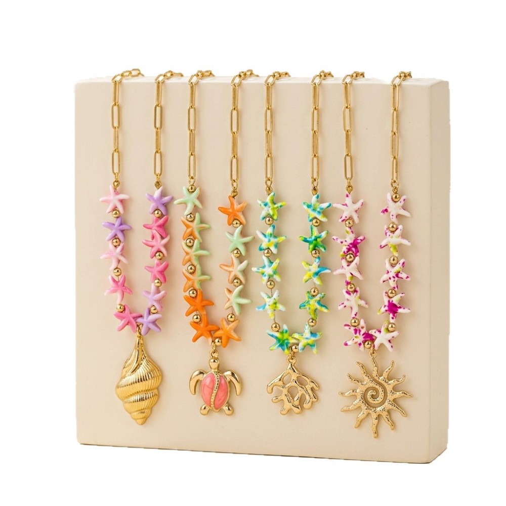 Hot Ocean Beach Vacation Series Colorful Starfish Beads Conch Turtle Sun Pendant Necklace