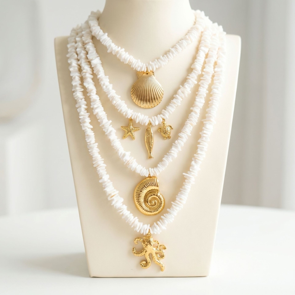 Hot Ocean Beach Vacation Series Natural Shell Beads Conch Starfish Shell Fish Pendant Necklace
