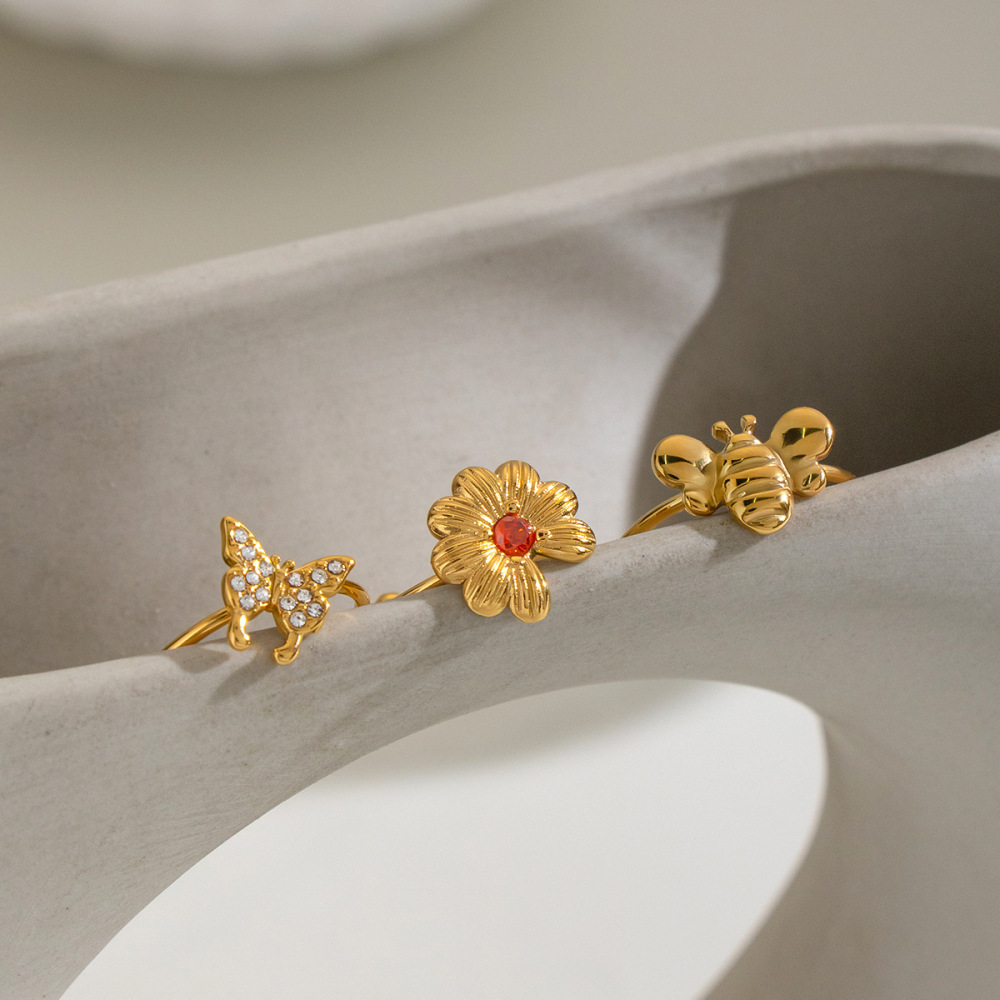 IVIAPRO Jewelry New Stainless Steel Waterproof Daisy Bee Butterfly Open Ring Set