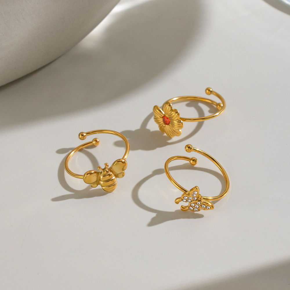 IVIAPRO Jewelry New Stainless Steel Waterproof Daisy Bee Butterfly Open Ring Set