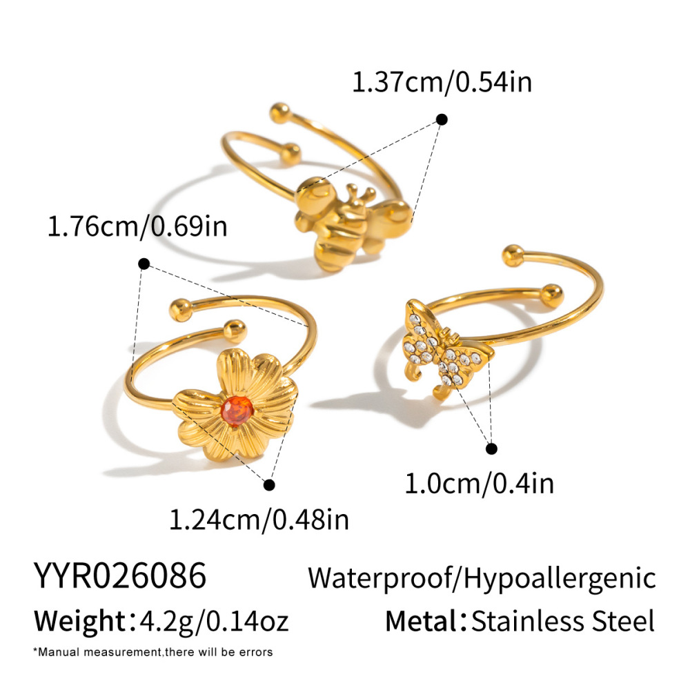 IVIAPRO Jewelry New Stainless Steel Waterproof Daisy Bee Butterfly Open Ring Set