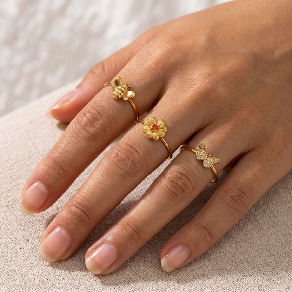 IVIAPRO Jewelry New Stainless Steel Waterproof Daisy Bee Butterfly Open Ring Set