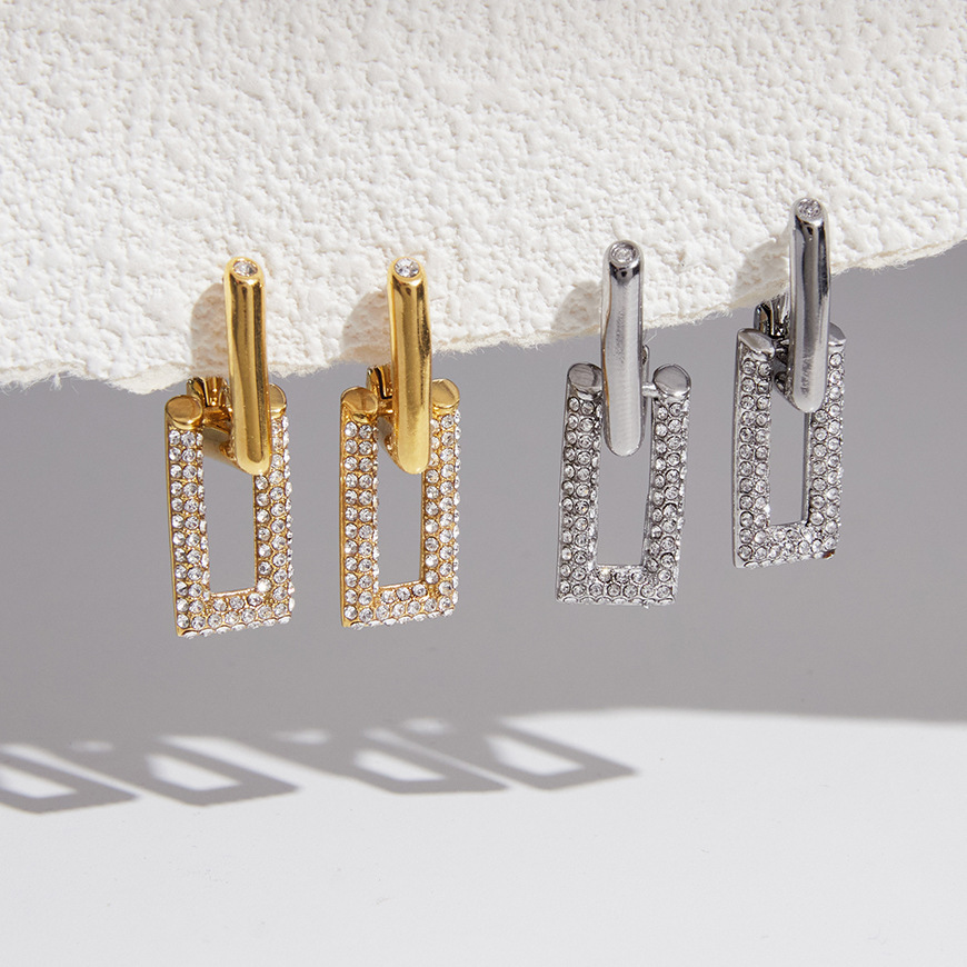 New Elegant Tarnish Free Stainless Steel Zircon Rectangle Hoop Earrings