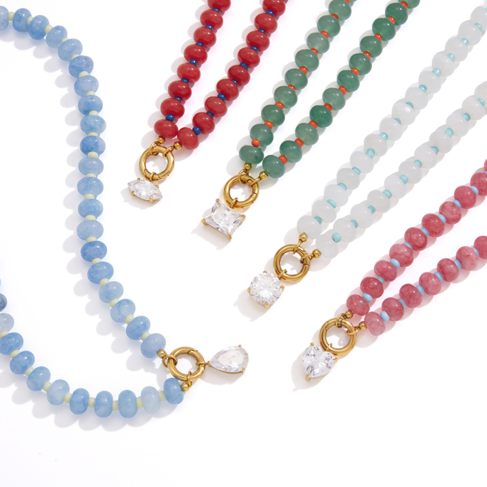 Hot Seller Stainless Steel Water Drop Heart CZ Pendant Natural Stones Crystal Beaded Necklace