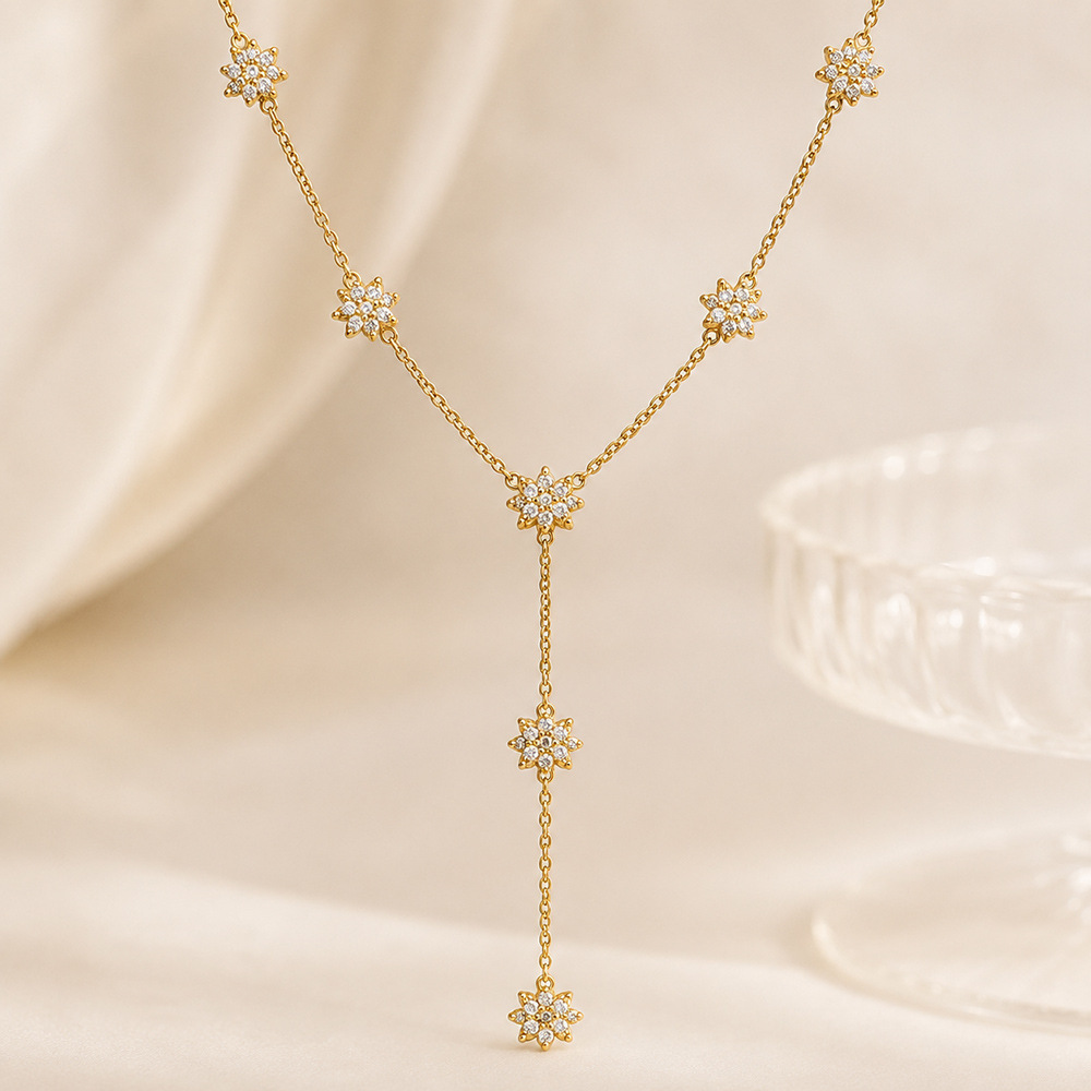 Hot Selling Stainless Steel CZ Flower Y-shaped Long Necklace