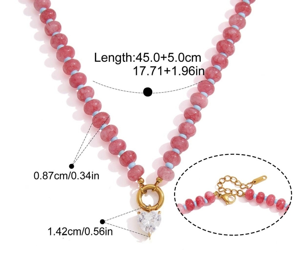 Hot Seller Stainless Steel Water Drop Heart CZ Pendant Natural Stones Crystal Beaded Necklace