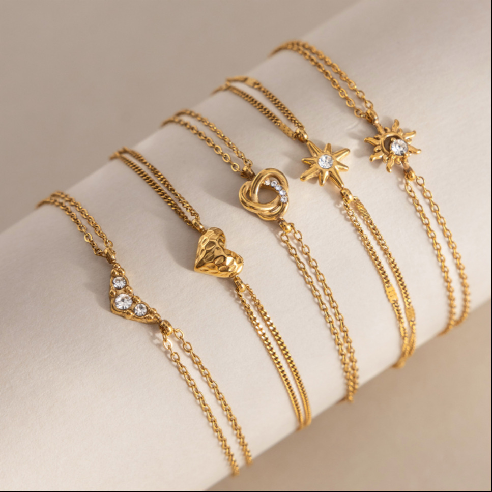 New Waterproof Stainless Steel CZ Star Sun Heart Link Chain Bracelets
