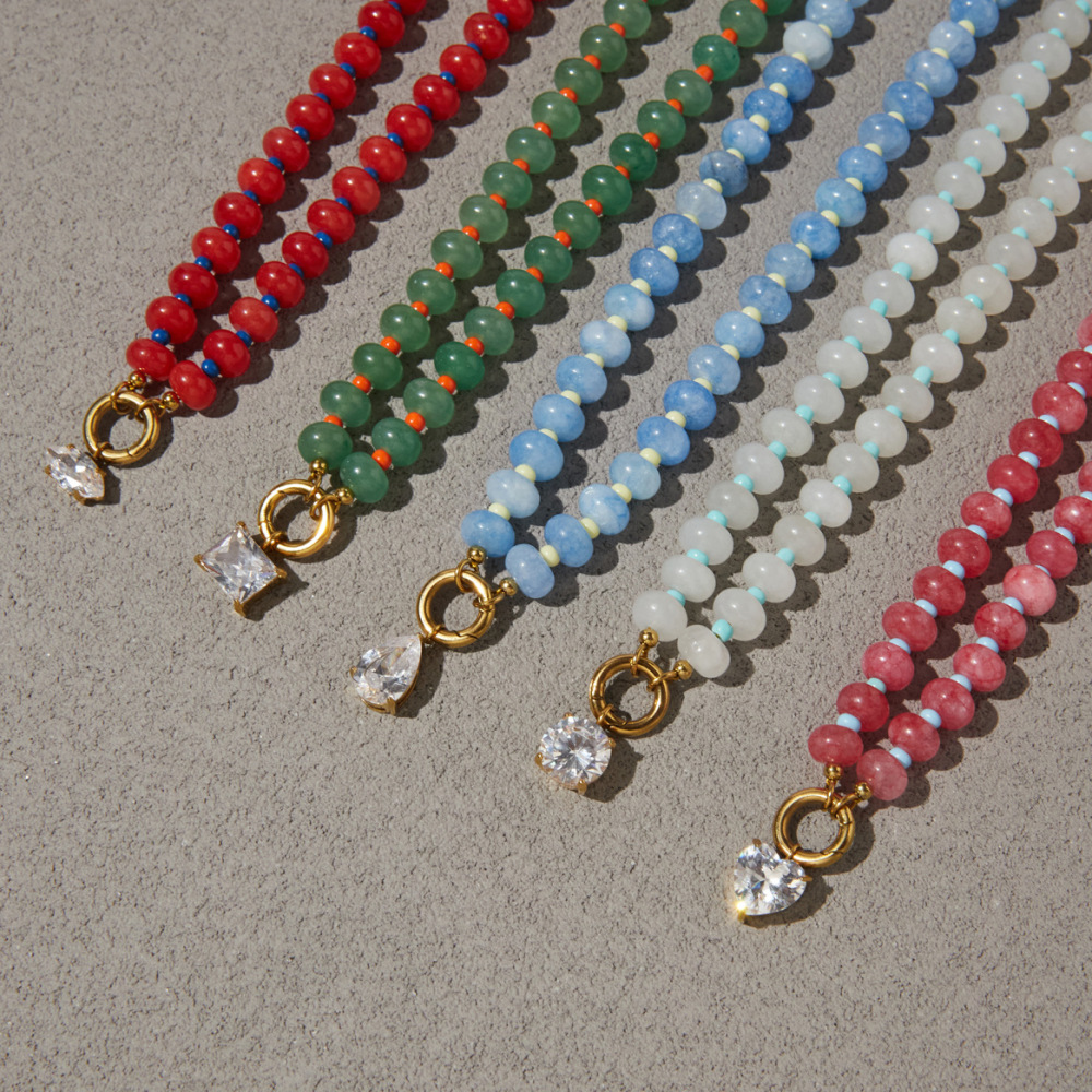 Hot Seller Stainless Steel Water Drop Heart CZ Pendant Natural Stones Crystal Beaded Necklace