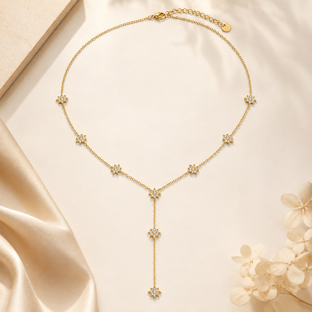 Hot Selling Stainless Steel CZ Flower Y-shaped Long Necklace