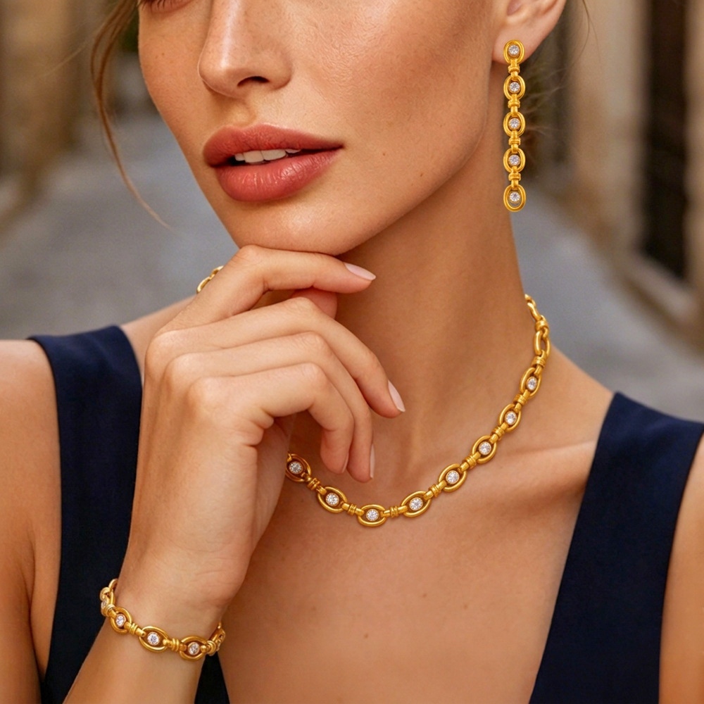 New Stainless Steel PVD Gold Plated CZ Link Chain Necklace
