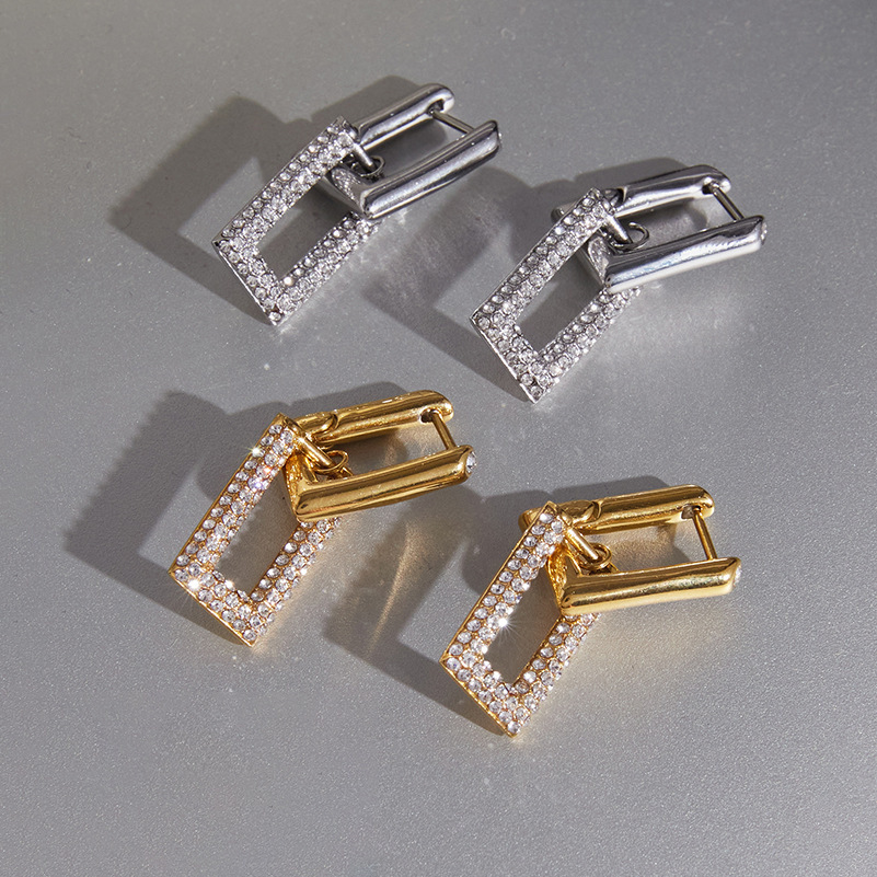 New Elegant Tarnish Free Stainless Steel Zircon Rectangle Hoop Earrings
