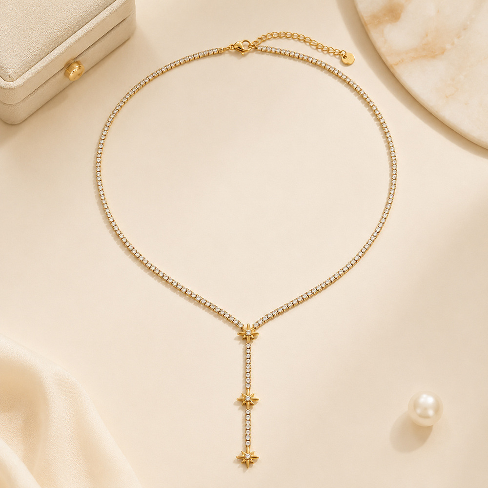 Hot Selling Stainless Steel CZ Flower Choker Tennis Chain Y-shaped Long Necklace