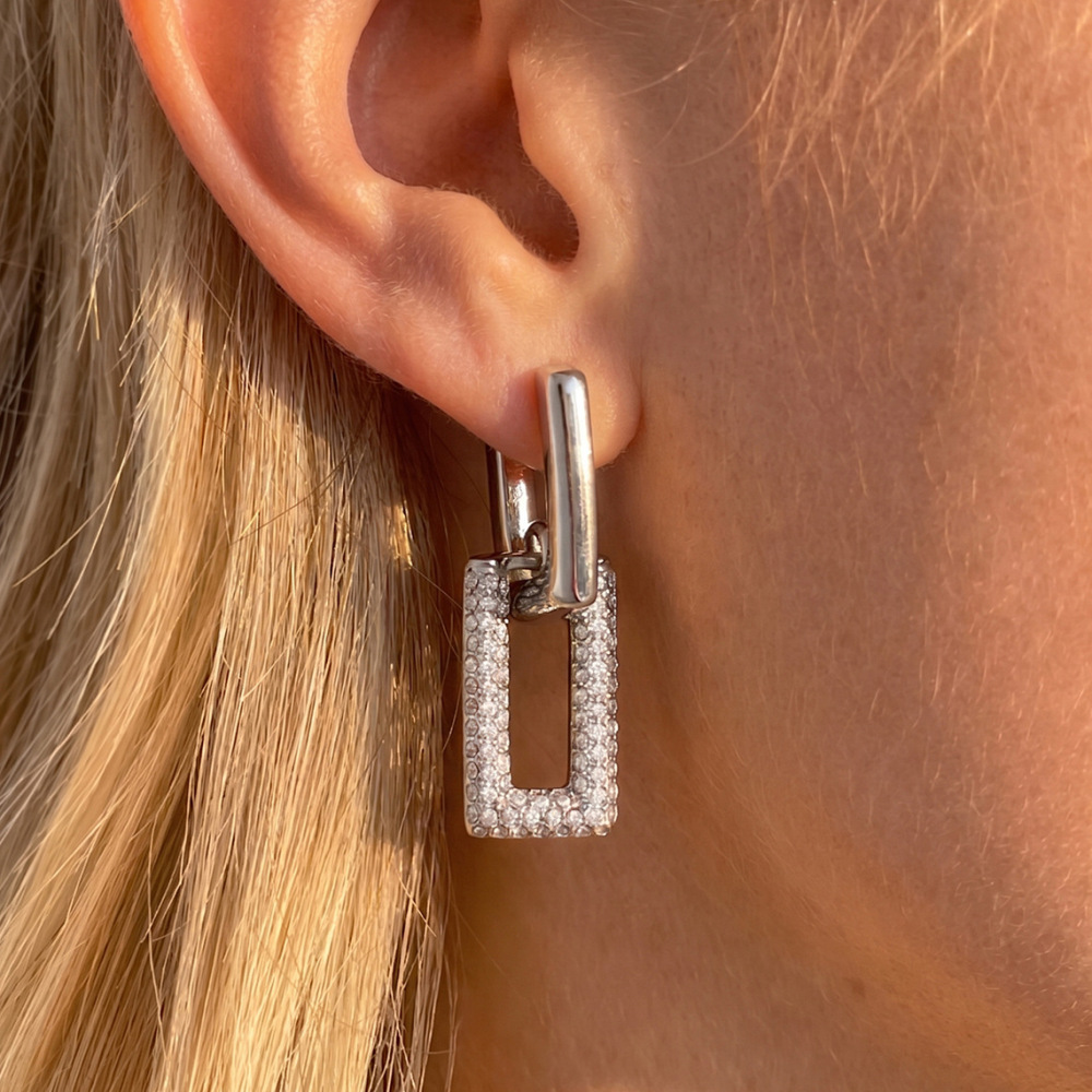 New Elegant Tarnish Free Stainless Steel Zircon Rectangle Hoop Earrings
