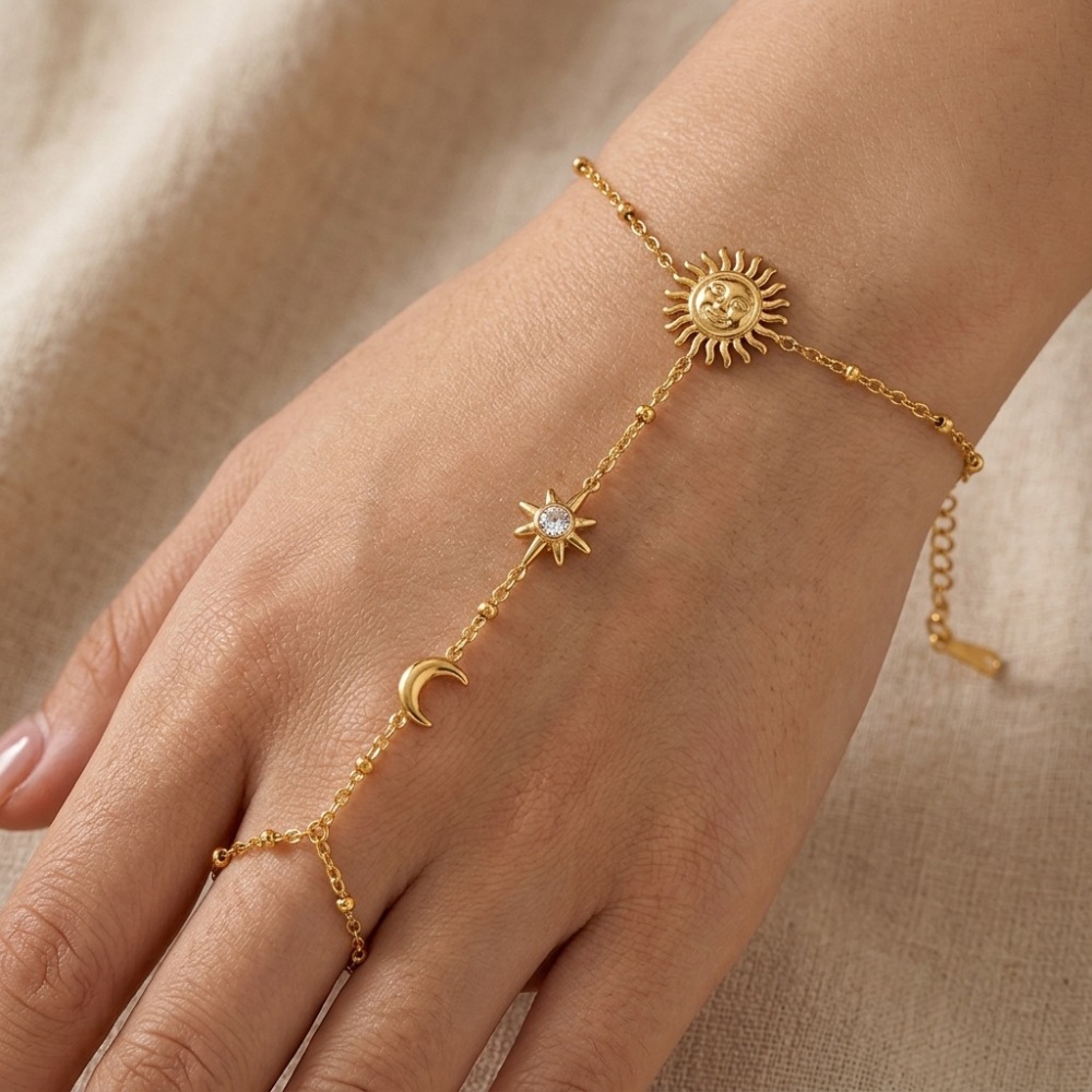 Hot Seller Waterproof Stainless Steel Hand Chain Sun & Moon Finger Bracelet