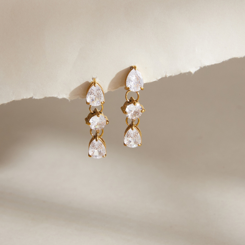 New Elegant Tarnish Free Stainless Steel Zircon Tear Drop Earrings